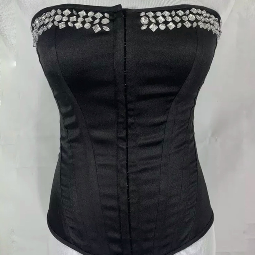 Charlotte Russe black rhinestone embellished corset bustier top sz S